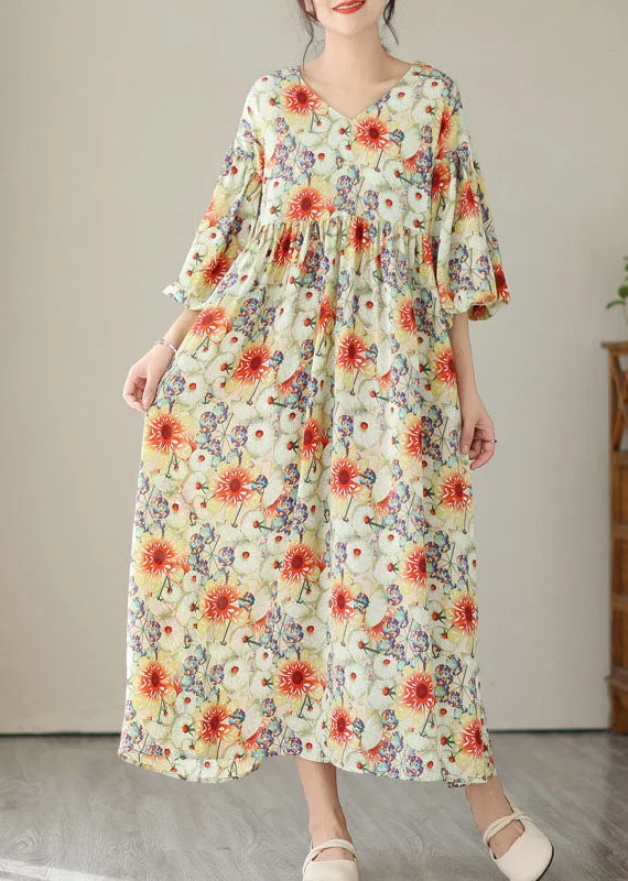 Trendsetting Threads Fine Floral V Neck Wrinkled Patchwork Cotton Long Dresses Summer