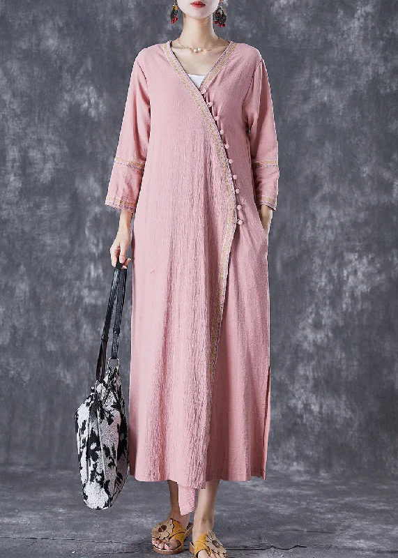 Stunning Women's Outfits At Unbelievable Discounts Art Pink Embroideried Button Linen Dresses Fall