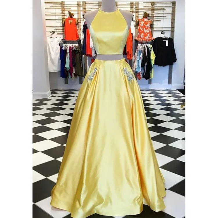 Women's Clothing Stores Halter Two Pieces Yellow Prom Dress Girls Long Graduation Party Gown with Beaded Pocket