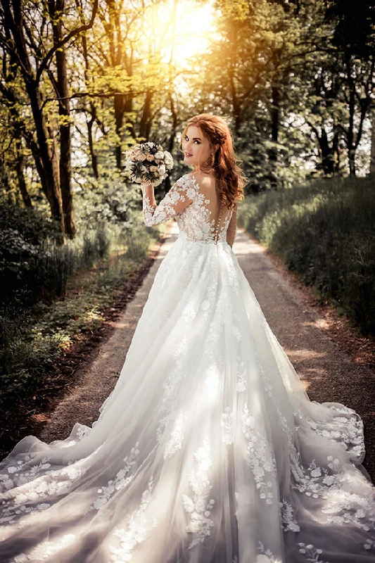 Stylish Savings Roycebridal Gorgeous Tulle Lace Illusion Neck Long Sleeves Wedding Dresses, MW529