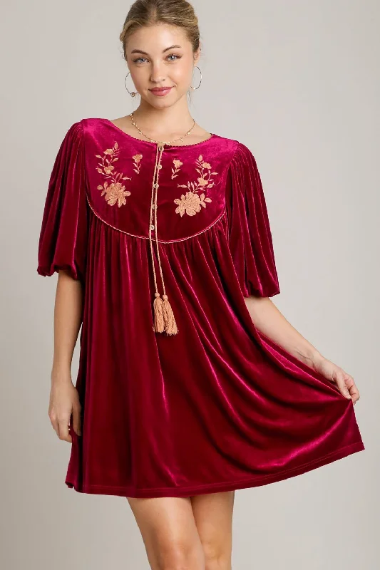 Special Occasion Wear Umgee Embroidered Half Sleeve Velvet Mini Dress with Tassel