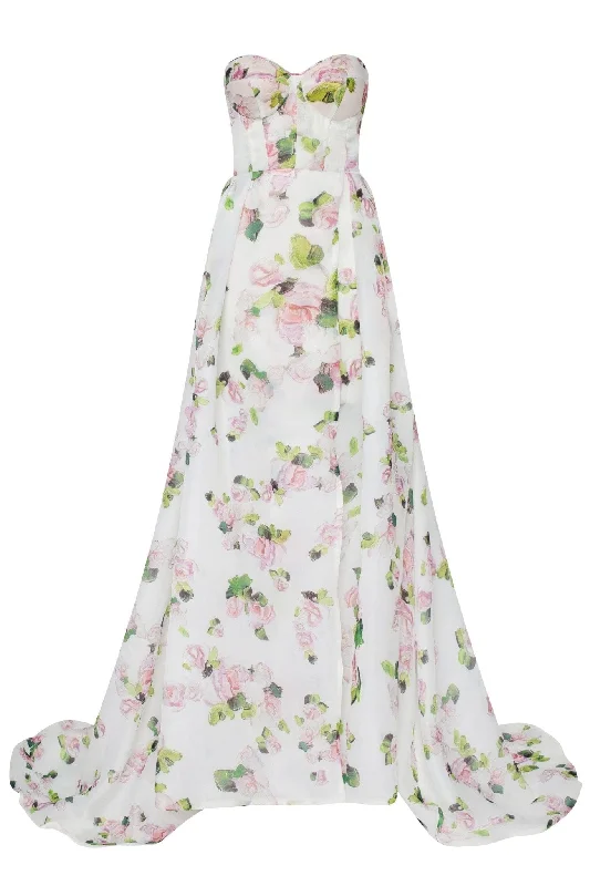Boho Chic Fashion Apple Blossom Strapless maxi dress with front slit