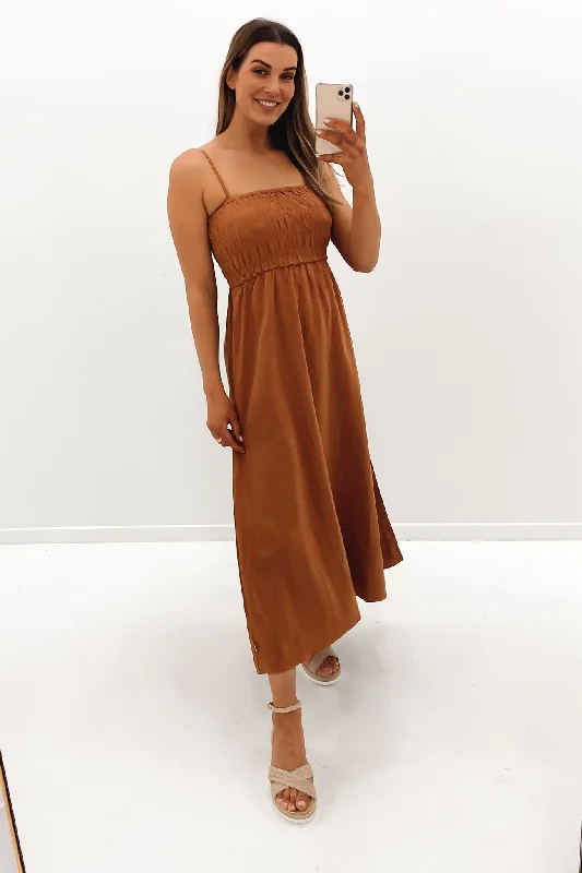 Bold and Elegant Women’s Fashion Classic Shirred Midi Dress Caramel