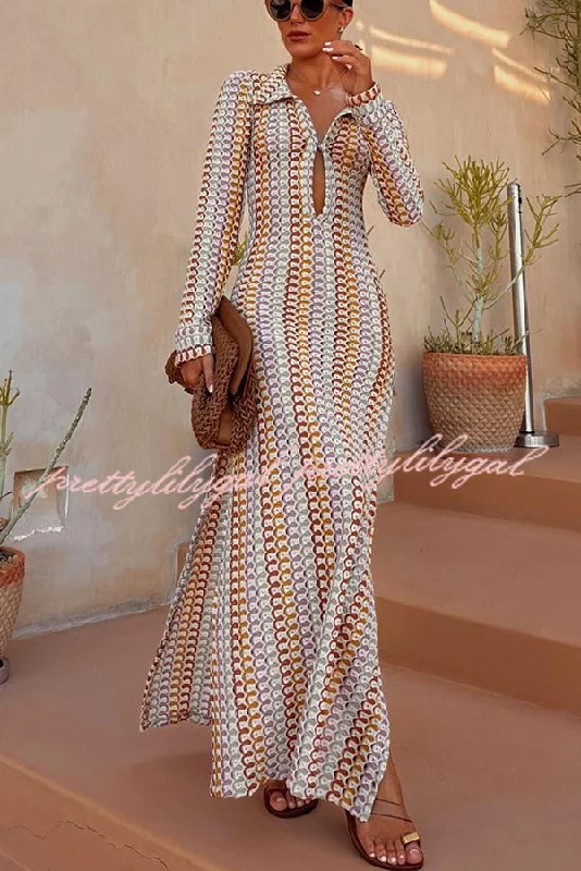 Trendy Aesthetics Bondi Beach Knit Colorful Wave Print Long Sleeve Vacation Maxi Dress