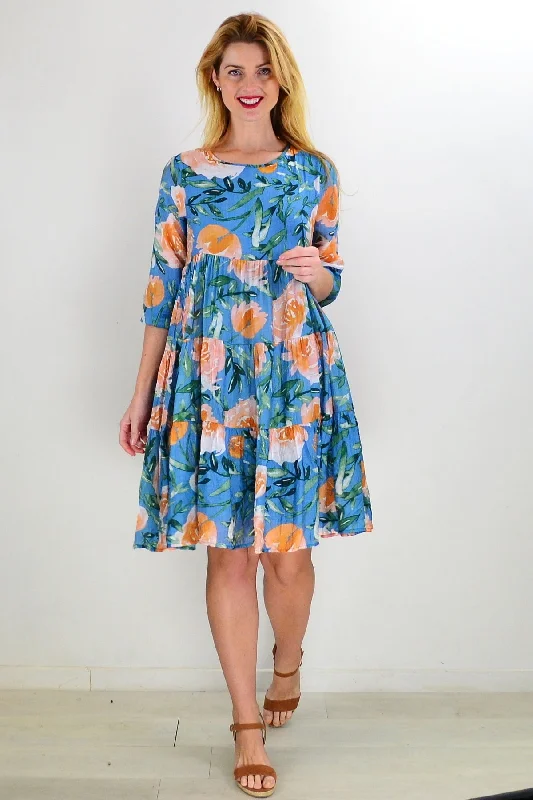 Hot Trends Blue Orange Floral Midi Dress