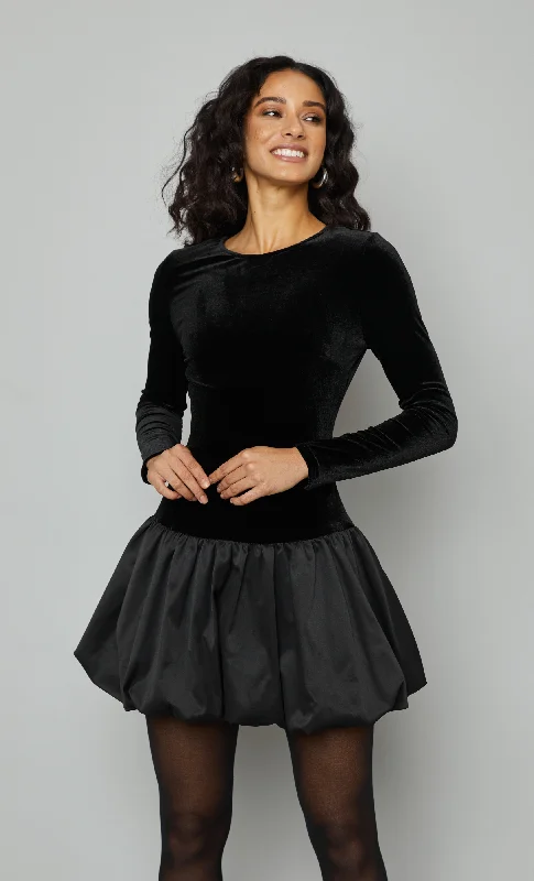 Catch Every Fashion Trend Black Puffball Velvet Mini Dress