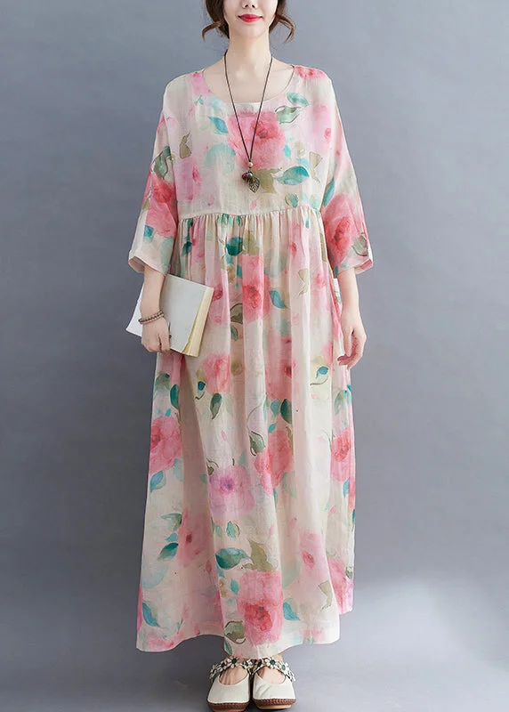 Everyday Basics Bohemian O-Neck Cinched Floral Print vacation Dress Three Quarter sleeve