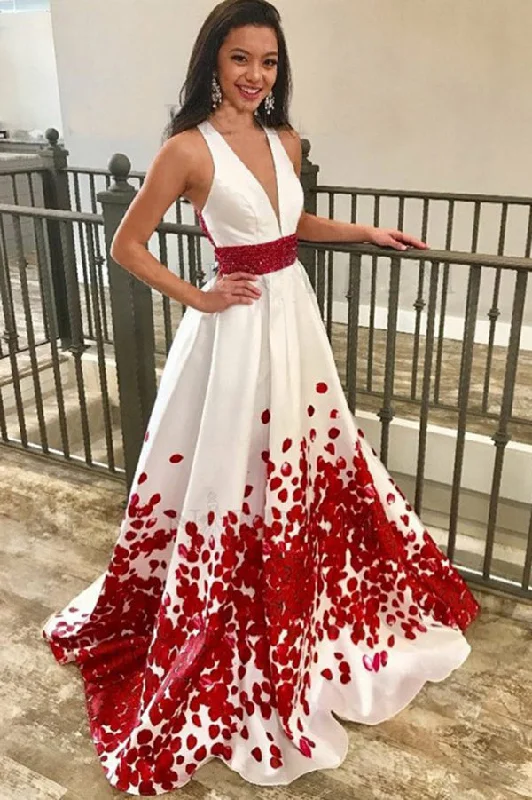 Fashion Forward, Function First A Line Deep V-Neck Floral Satin Prom Dress with Beading Sweep Train Evening Dress N1234