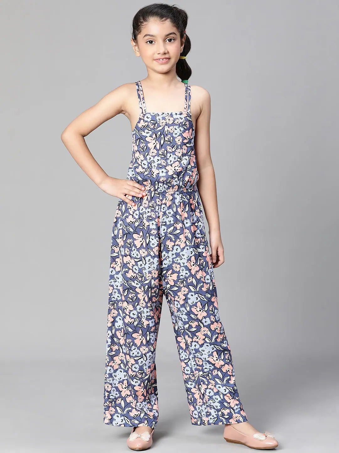 Seasonal Sale Girl floral print multicolor elasticatd shoulder strap jumpsuit