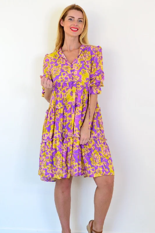 Latest Fashion Purple Yellow Floral Boho Dress