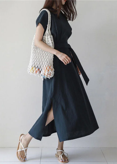 Fashion Sale Live Now – Upgrade Your Style For Less Women Navy O Neck Patchwork Side Open Tie Waist Cotton Dresses Summer