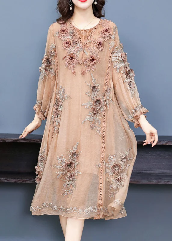 Limited Time Offer Handmade Apricot V Neck Embroideried Floral Silk Maxi Dress Long Sleeve