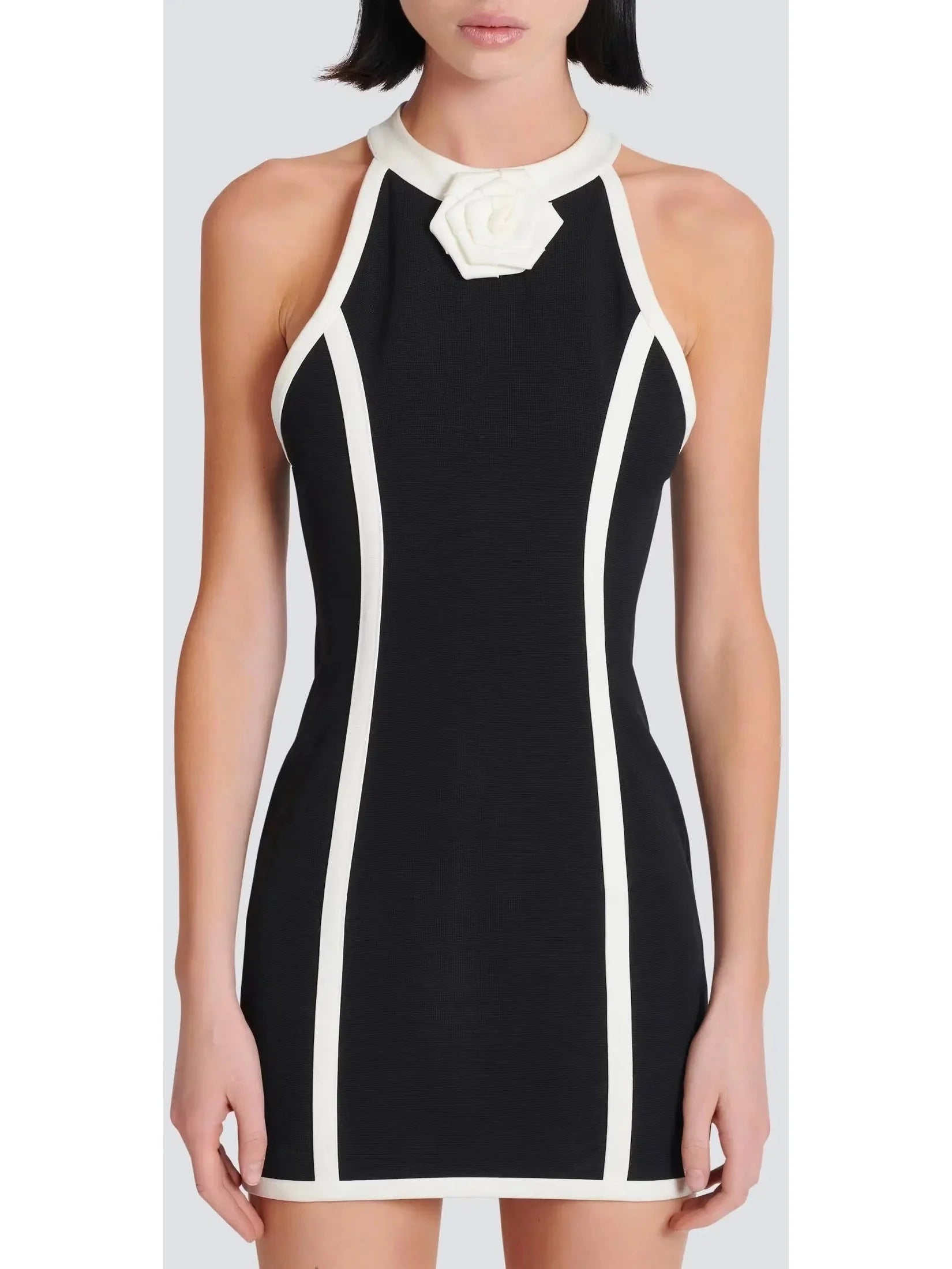 Best Sellers Black and White Halter Mini Dress with Rose Detail