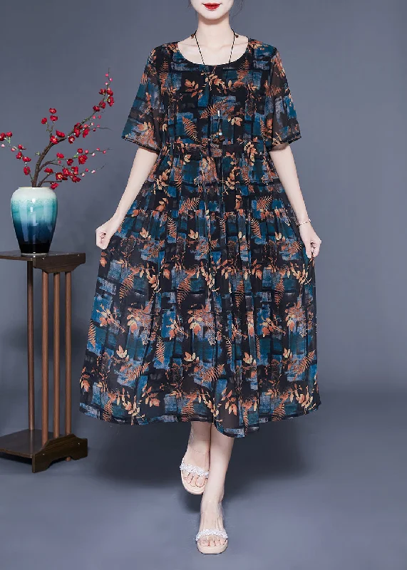 On-Trend Fashion Offers Italian Black O-Neck Oversized Print Silk Vaction Dress Summer