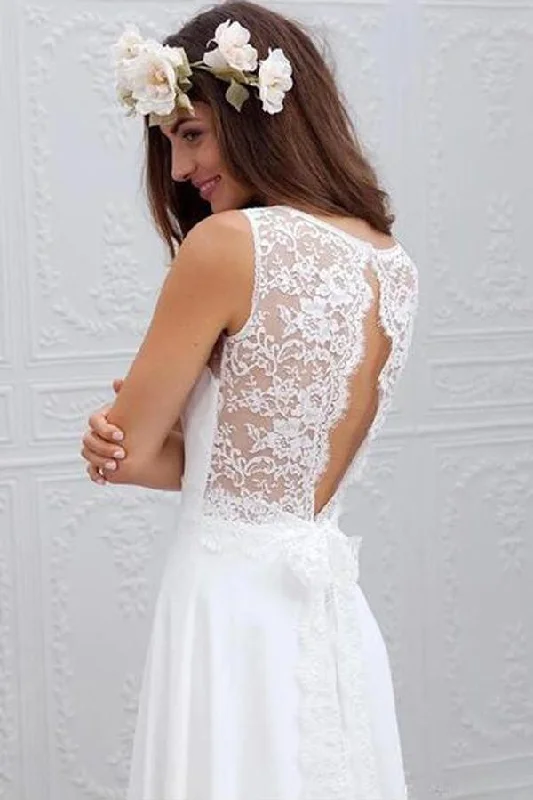 Season Sale Roycebridal Cheap Simple Chiffon Lace Open Back White Wedding Dresses, Beach Wedding Dress, MW122