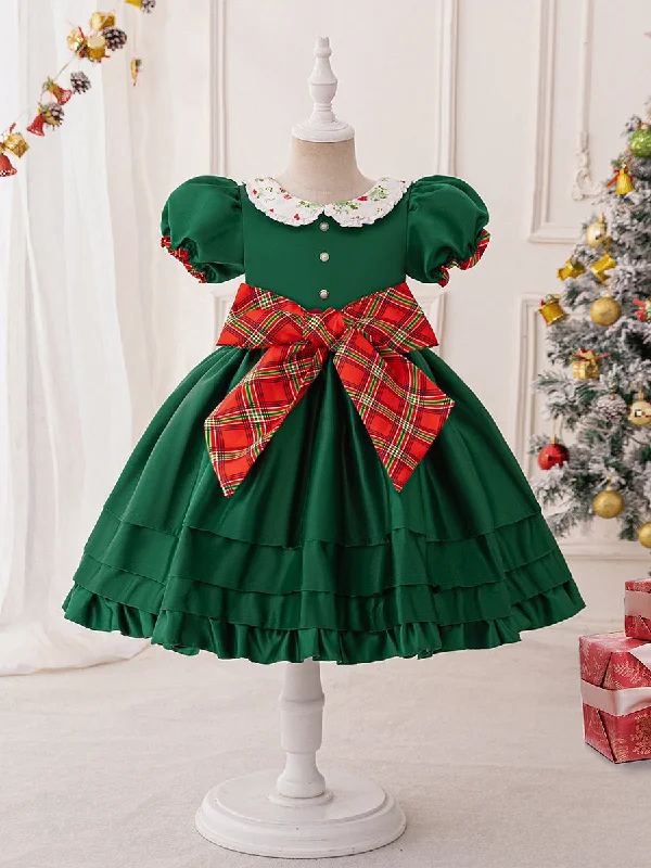 Everyday Basics A-Line/Princess Scoop Puff Sleeves Tiered Christmas Dresses for Girls