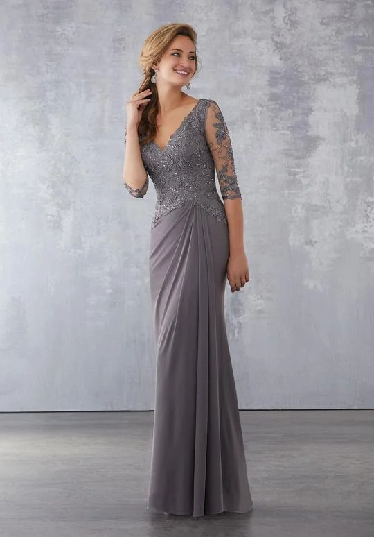 The Epitome Of Modern Women's Fashion MGNY By Mori Lee - Embroidered Plunging V-neck Sheath Evening Gown 71728SC - 1 pc Charcoal In Size 6 Available