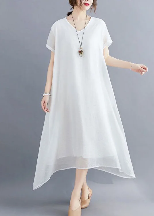 Don't Miss Out – Your Favorite Fashion Pieces On Sale Classy White V Neck Exra Large Hem Cotton A Line Dresses Summer