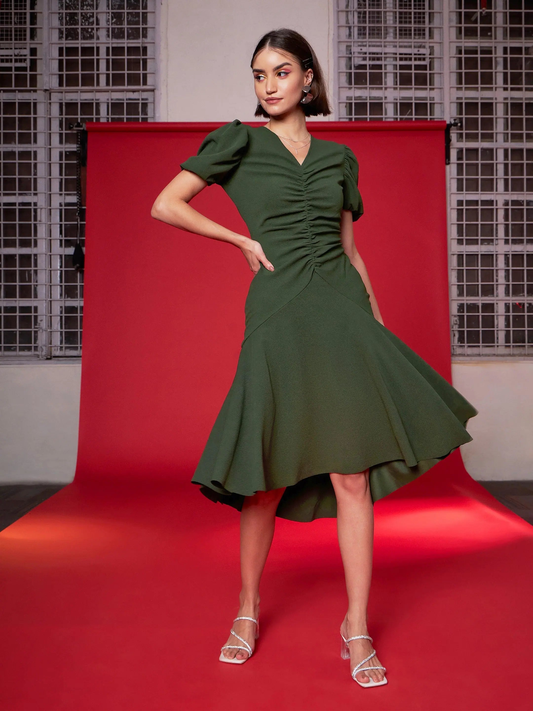 Clearance Sale, All Cheap Women Olive Front Ruched Midi Dress