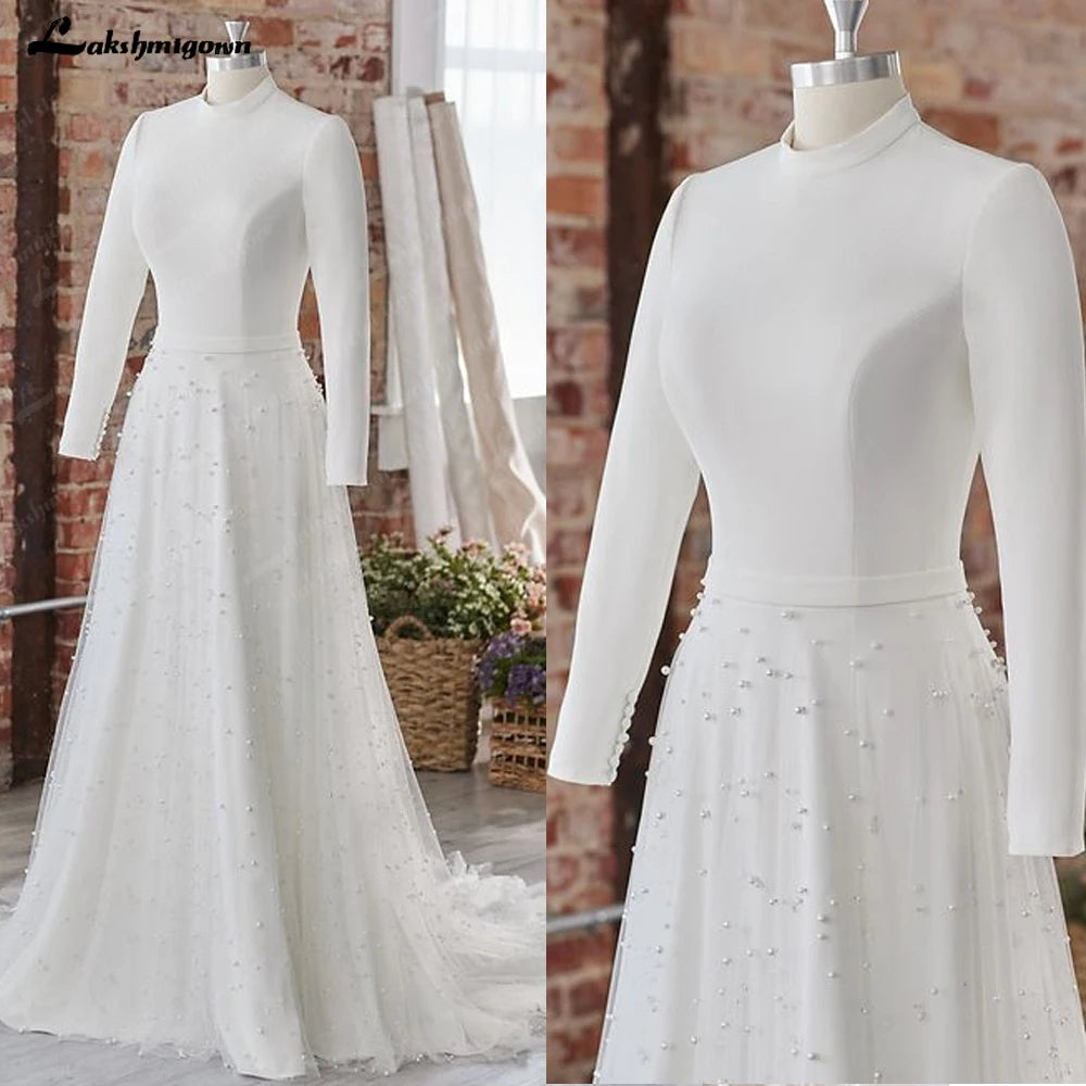 Trendy Aesthetics Roycebridal Princess Long Sleeves Pearls Wedding Dress for women 2024 Off White Tulle A Line Bridal Gowns High Neck vestido blan Trendy Aesthetics Roycebridal Princess Long Sleeves Pearls Wedding Dress for women 2024 Off White Tulle A Line Bridal Gowns High Neck vestido blan