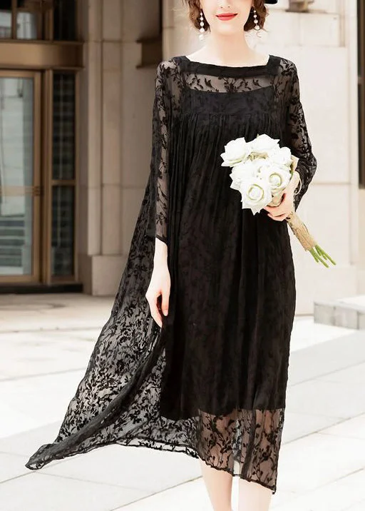 Must-Have Clothing Styles Now At Incredible Discounts Handmade Black Square Collar Embroideried Silk A Line Dresses Summer
