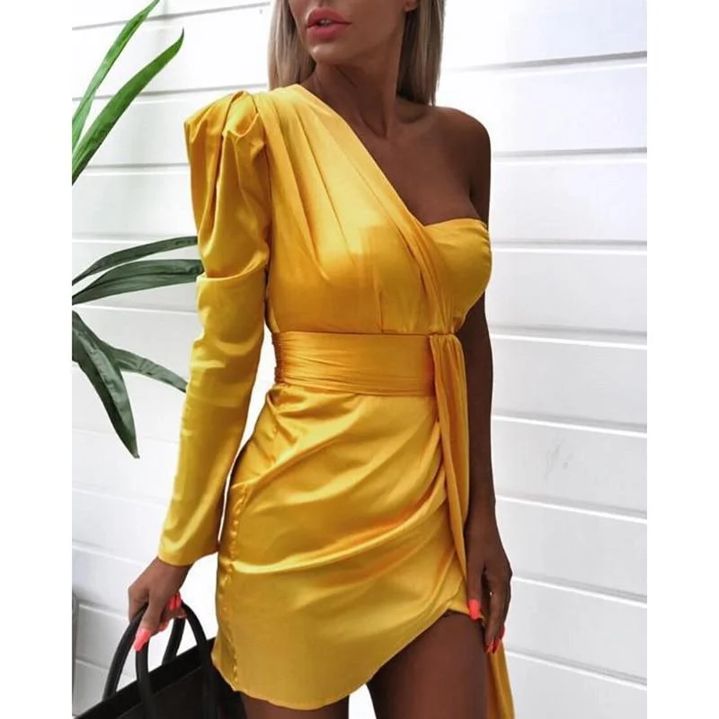 You'Ll Love Us Because FashionSierra - One off shoulder ruched design irregular dress women Strapless plunging summer mini dress club party yellow vestidos femme