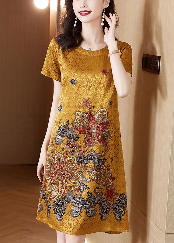 Women's Fashion Markdowns – Get Your Favorites Today Beautiful Yellow O-Neck Print Silk Robe Dresses Summer