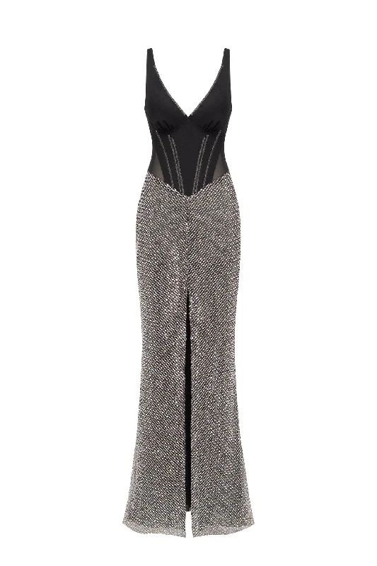 Relaxed Style Black corset maxi dress with silver sequined maxi skirt, Smoky Quartz
