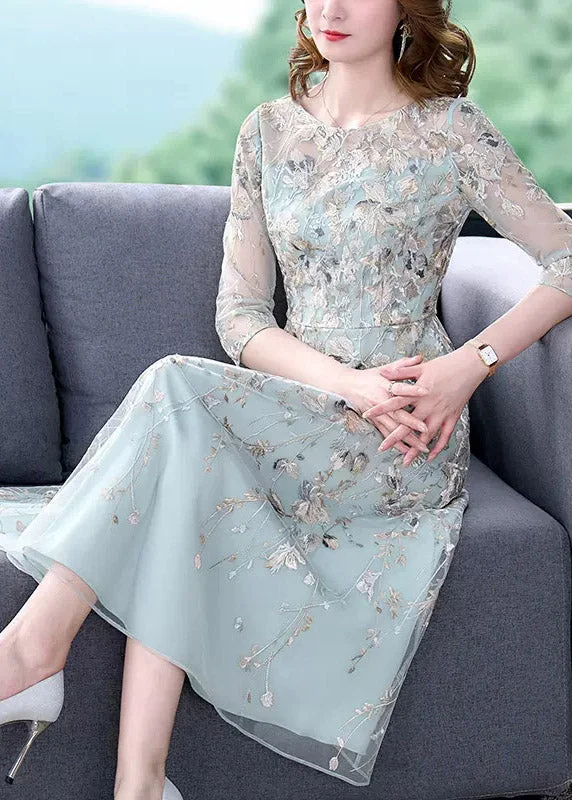 Special Offers, Don't Miss Chic Water Blue O-Neck Embroidered Floral Tunic Organza Long Dress Half Sleeve