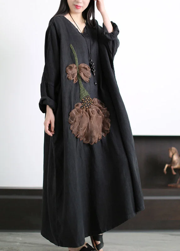 Unbeatable Prices Plus Size Black V Neck Embroideried Floral Linen Dress Long Sleeve