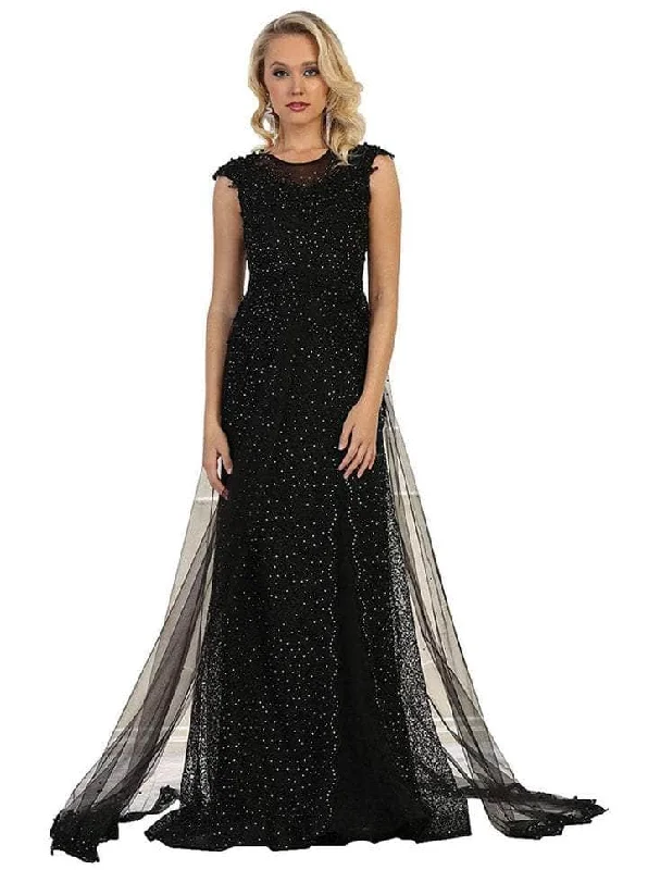 Fashion Frontiers May Queen - RQ7556 Cap Sleeve Embellished Jewel Neck Long Gown - 1 pc Black In Size 10 Available