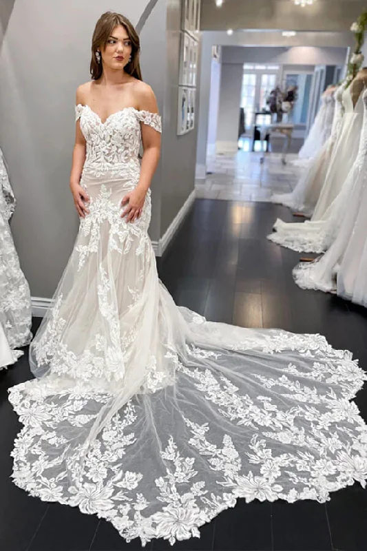 Trendy Online Boutiques Roycebridal Lace Mermaid Off-the-Shoulder Vintage Wedding Dresses, Bridal Gown, MW834