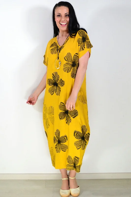 Style Redefined Black Floral Mustard Yellow Dress