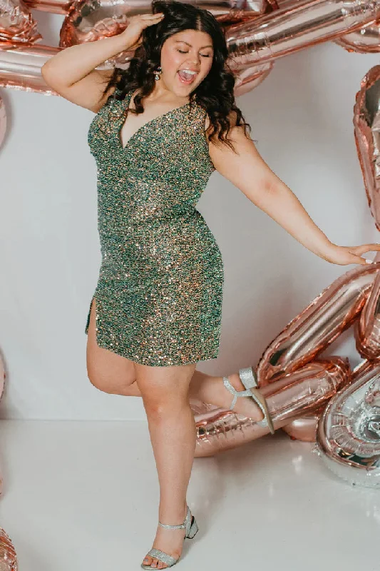 Cool Prices Sydney's Closet SC8110 Size 24 Green Short Plus Size fitted Sequin Formal Cocktail Dress Slit V Neck Gown