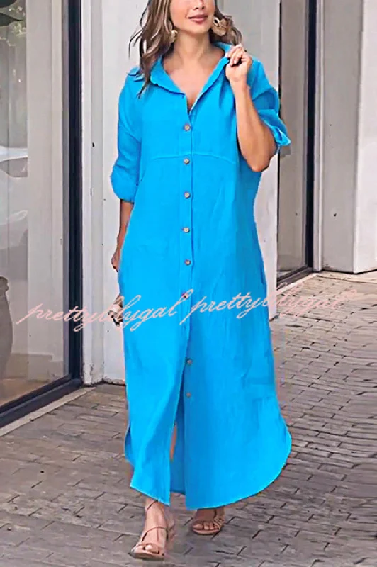 The Latest Fashion Trends Linen Blend Solid Color Long Sleeve Buttoned Loose Pockets Maxi Dress The Latest Fashion Trends Linen Blend Solid Color Long Sleeve Buttoned Loose Pockets Maxi Dress