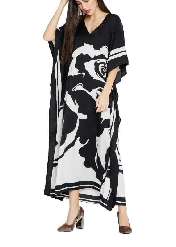 Athleisure Wear Special Offer French Black White Floral Half Sleeve kimono robe Mid Chiffon Dress