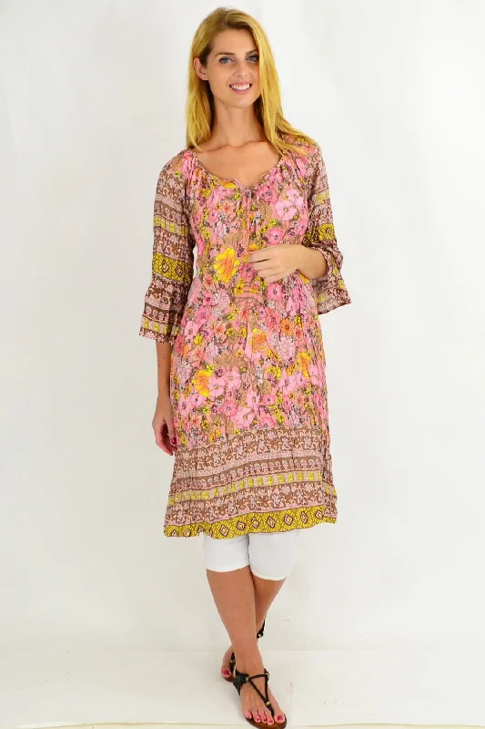 Wardrobe Essentials Patty Pink Floral Crinkle Tie Tunic Dress