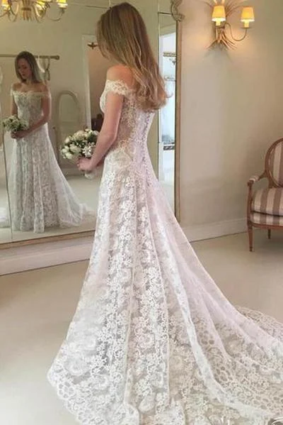 Fashion Forward Femininity Roycebridal Rustic Boho Off the Shoulder Lace Wedding Dress,MW279