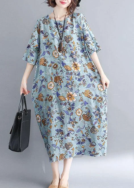 Latest Trends French blue floral cotton linen Soft Surroundings o neck Plus Size Clothing summer Dress