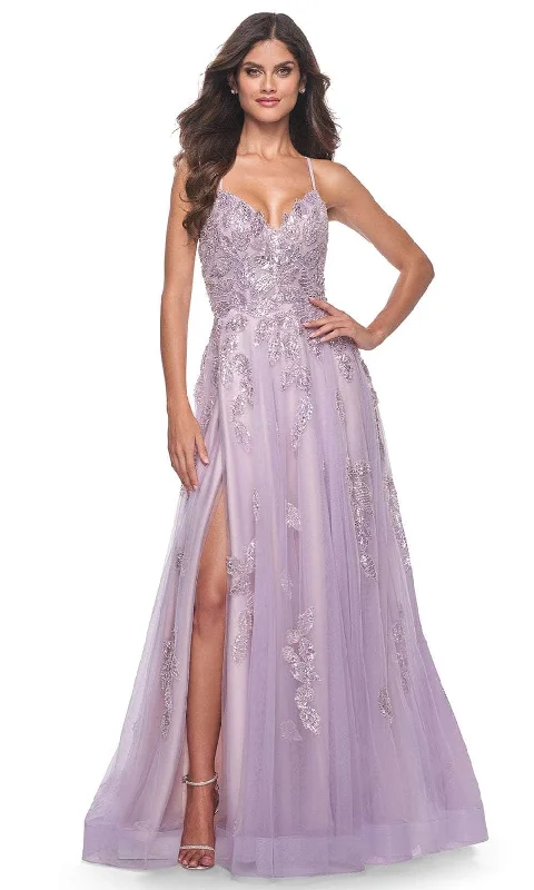 Travel Essentials La Femme 32090 - V-Neck Beaded Foliage Prom Gown