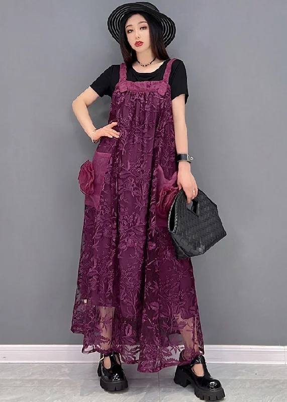 Elegant Clothing Boutique Purple Big Pockets Patchwork Floral Lace Strap Long Dress Summer