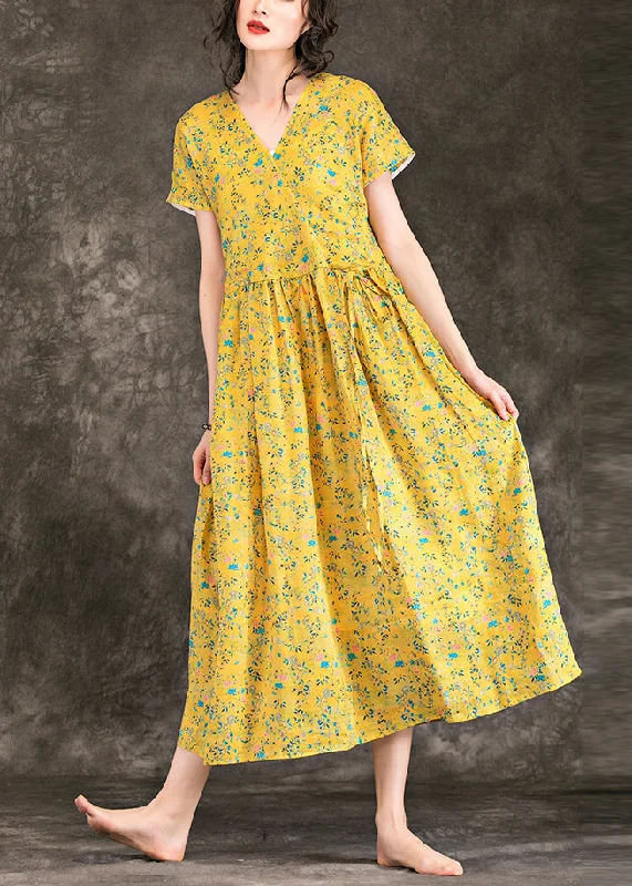 New Season Fashion Preview Women Yellow Floral Chiffon Dress Fine Design V Neck Tie Waist Chiffon Summer Dress