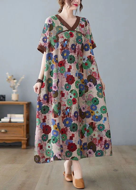 Chic And Affordable Fashion – Limited-Time Offers Coffee Patchwork Cotton Robe Dresses Oversized Print Summer