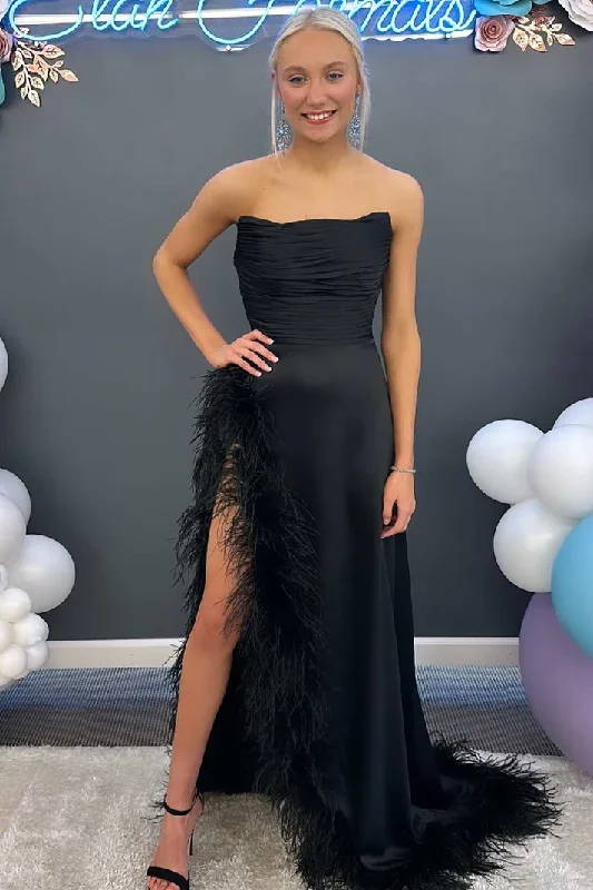 Feminine Dresses for Women in Bold Prints Black Strapless Pleated Satin Long Prom Gown with Feathers gh2620 Feminine Dresses for Women in Bold Prints Black Strapless Pleated Satin Long Prom Gown with Feathers gh2620