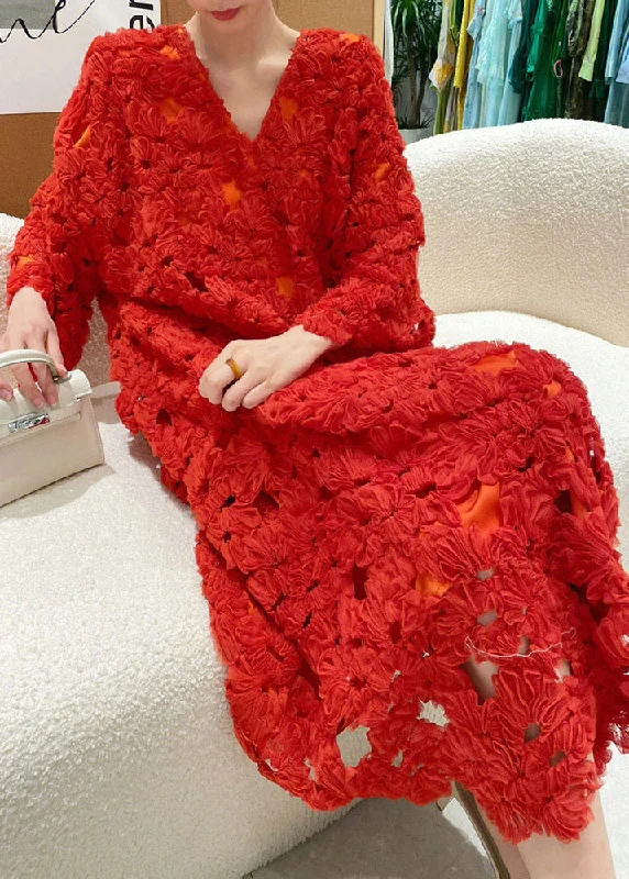 Exclusive Discount Fitted Red V Neck Hollow Out Floral Dress Long Sleeve