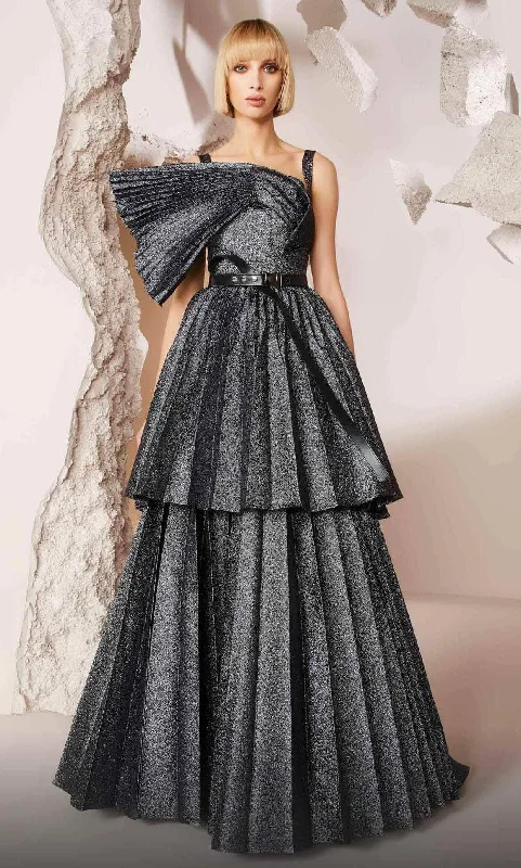 Chic Outfits MNM Couture E0017 - Asymmetric Metallic Pleated Evening Gown