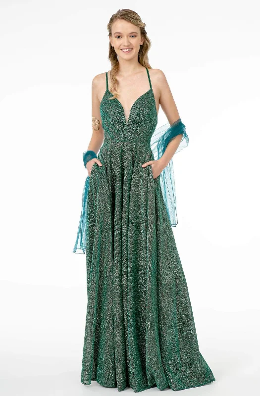 Must Haves Elizabeth K - GL1828 Plunging Pleat-Ornate Bodice Glitter Lame Gown