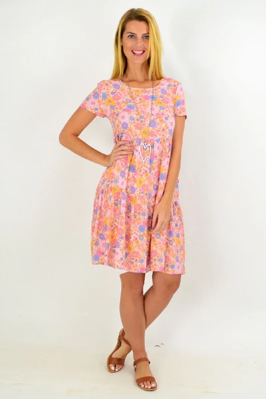 Exclusive Discount Pink Floral Ruffle Tunic Dress