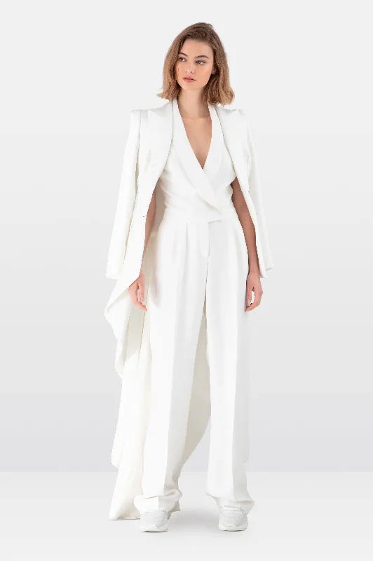 Laid-Back Elegance White Satin Crepe Tuxedo Jumpsuit