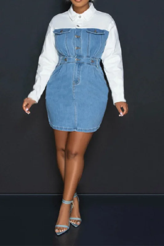 Trendy Urban Attire Color Block Denim Patchwork On-trend Mini Dress